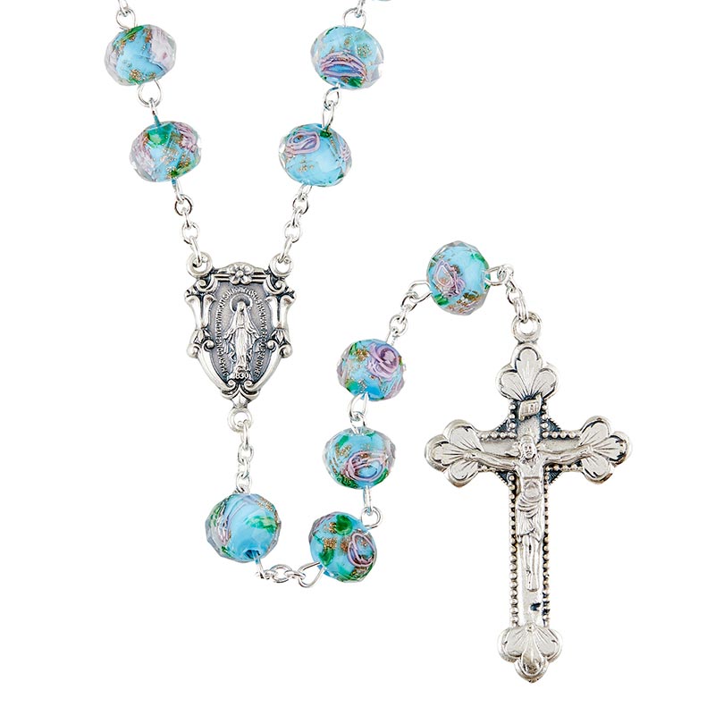 Hand Painted Rosary - Aqua Colored Glass Beads