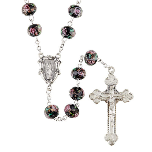 Hand Painted Rosary - Black Colored Glass Beads