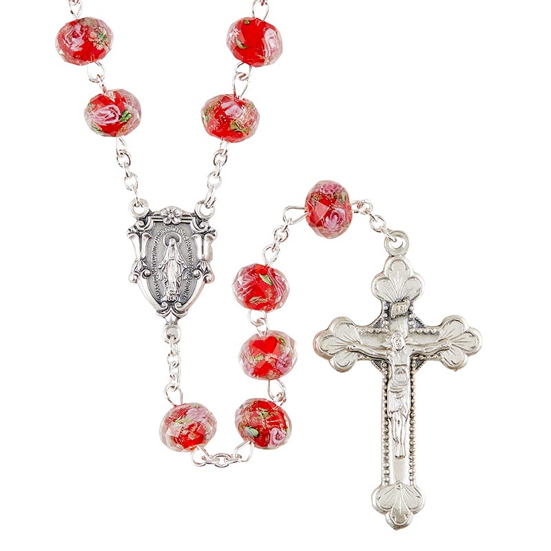 Hand Painted Rosary - Ruby Colored Glass Beads