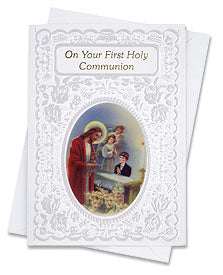 First Communion Kneeling Boy with Jesus Greeting Card