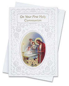 First Communion Kneeling Girl with Jesus Greeting Card