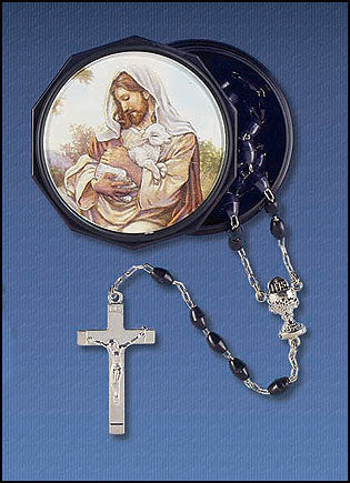 Boy's Black First Communion Rosary with Good Shepherd Case