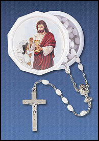 Girl's White First Communion Rosary with Jesus Case