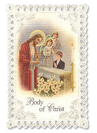 First Communion Kneeling Boy with Jesus Lace Holy Card