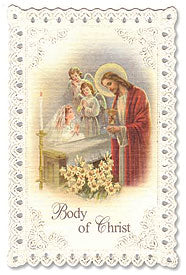 First Communion Kneeling Girl with Jesus Lace Holy Card